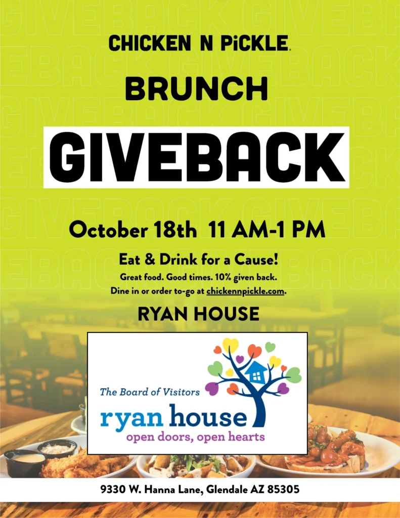 Chicken N Pickle Brunch Giveback flyer: October 18th, 11 AM to 1 PM, benefiting Ryan House